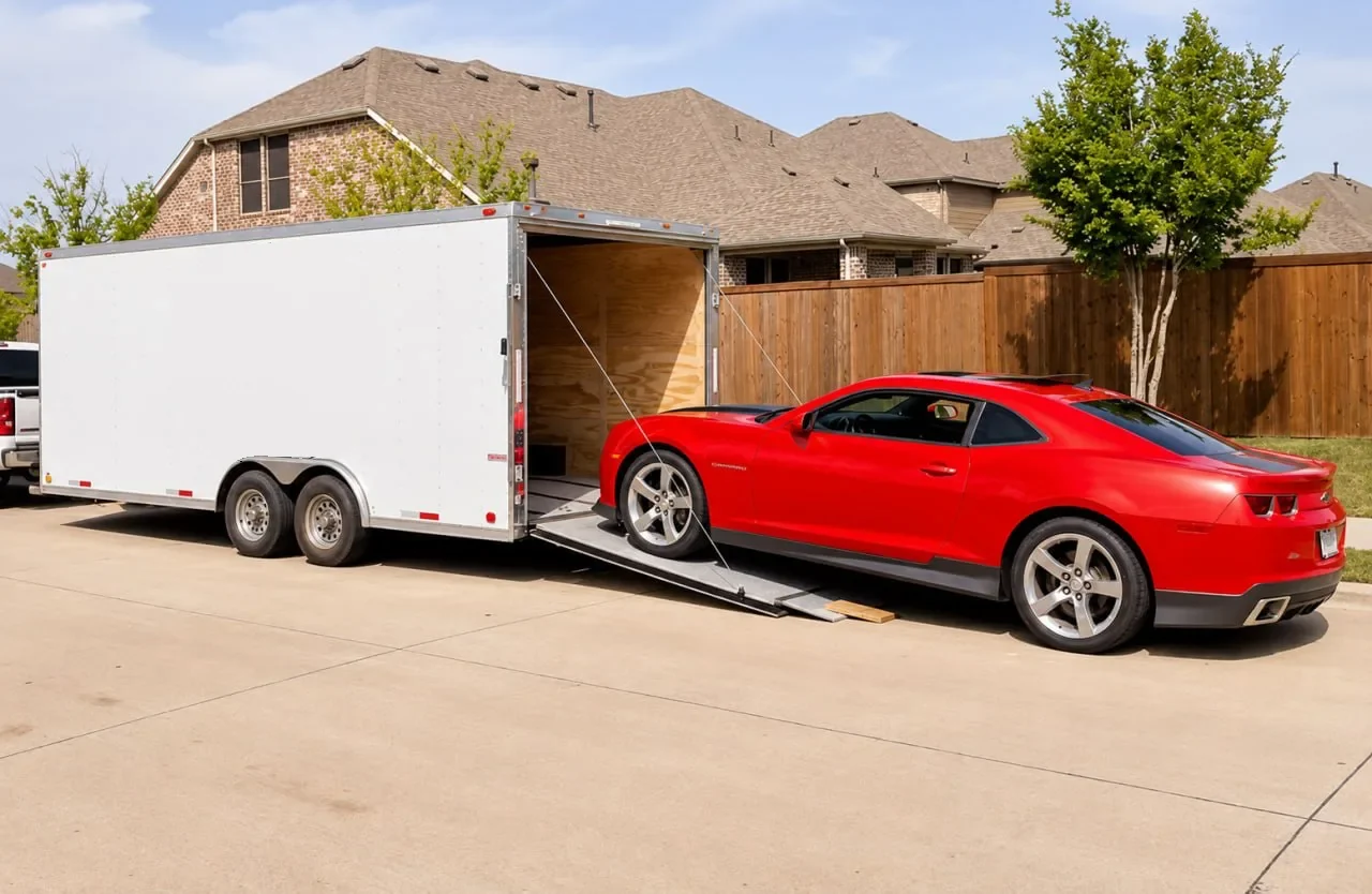 A red Chevrolet Camaro rolling off a Modern Classic Motoring enclosed trailer outside a customer's home